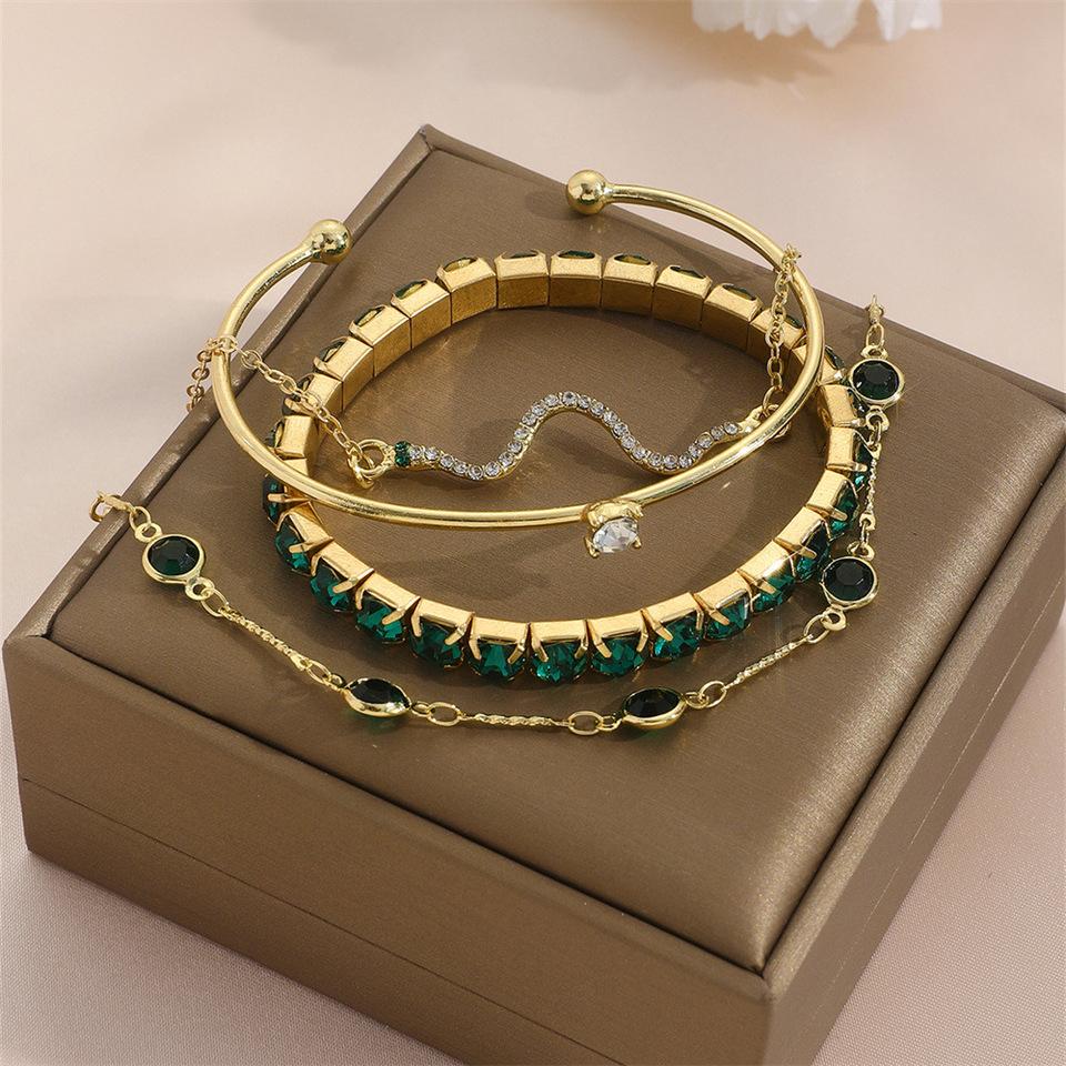 4Pcs/Set Fashion Snake Green Gemstone Bangle Rhinestone Full Metal Bracelet For Women Birthday Party Christmas Gift Jewerly KTY