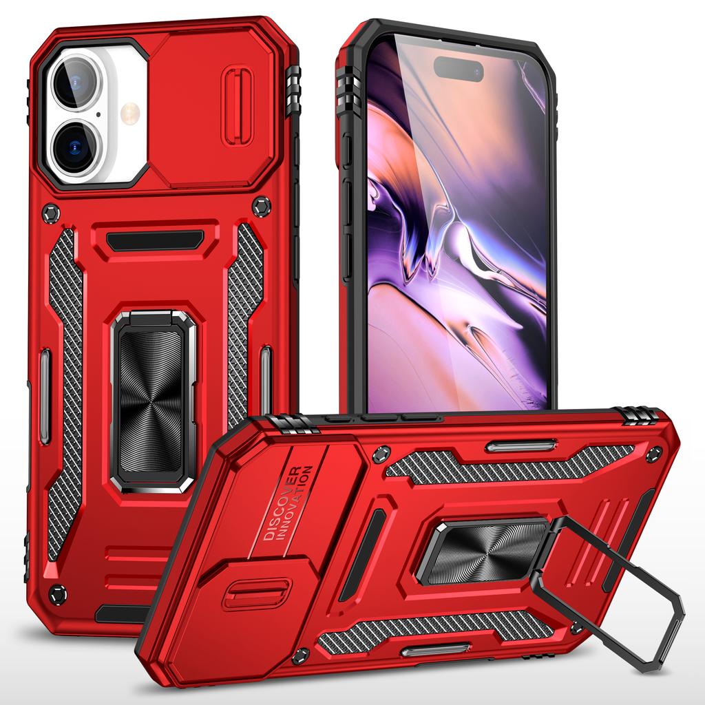 Серия Armor Чехол для iPhone 16 Plus Регулируемая подставка PC+TPU Чехол для телефона со сдвижной защитой объектива