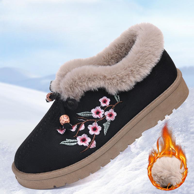Женские зимние теплые ботинки на платформе для снега с подкладкой из искусственного меха, повседневные нескользящие короткие ботинки с вышивкой для женщин, домашняя обувь для отдыха на открытом воздухе