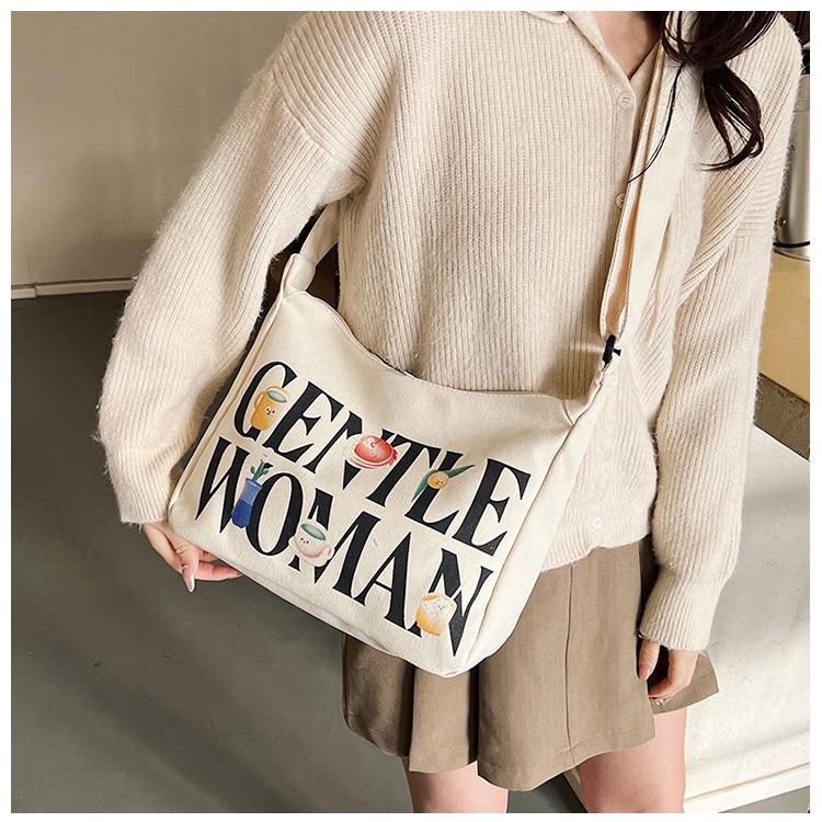 Women's Large Capacity Canvas Crossbody Bag with Letter Print - Versatile Fashion Shoulder Bag for Everyday Use