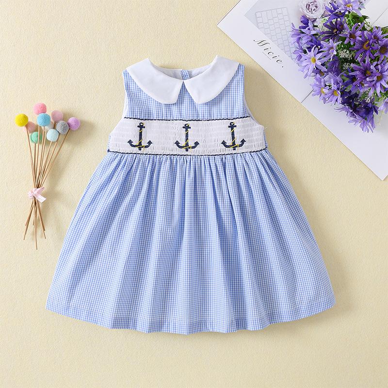 Summer Girls Plaid Sleeveless Princess Dress British Smocked Embroidered Cotton Party Dress For Kids