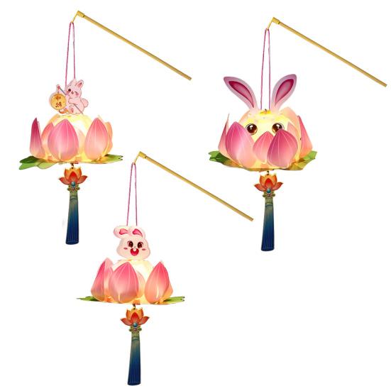 Lotus Lantern Handheld Spring Festival Flower Lantern DIY Lotus Rabbit Lamp for Hanfu Cosplay Wedding Chinese New Year Decor