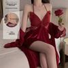 Сексуальный бархатный комплект с открытой спиной и подкладкой на груди Pure Desire, ночная рубашка с подтяжками, халат, комплект домашней одежды