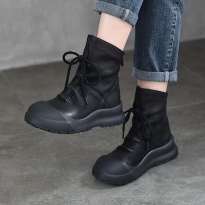 Женские полусапожки из натуральной кожи в стиле ретро, однотонные, на толстой подошве