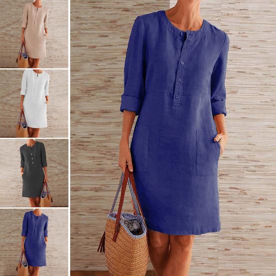 Осень-весна Женское платье Круглый вырез Однотонные пуговицы Свободные длинные рукава Накладной карман Длина до колена
