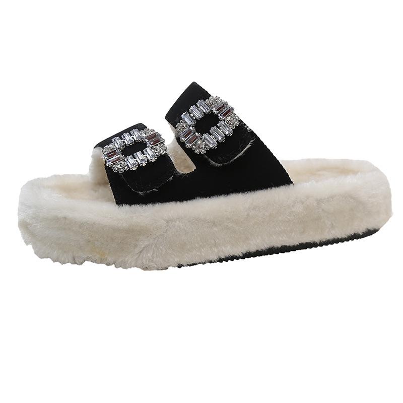Интернет-знаменитости популярная квадратная пряжка со стразами мех ягненка мех интегрированный плоская подошва хлопковые шлепанцы с открытым носком повседневные теплые пушистые тапочки женские