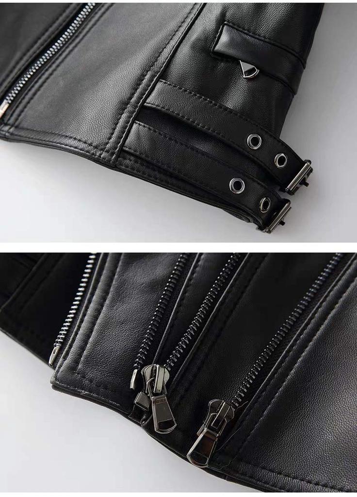 JINLUN Кожаная куртка-косуха со стойкой из ягненка, облегающая, для весеннего дня, женская, большого размера, воротник, кожа, посадка, кожа, черный, подарок маме, (Л, Черный)