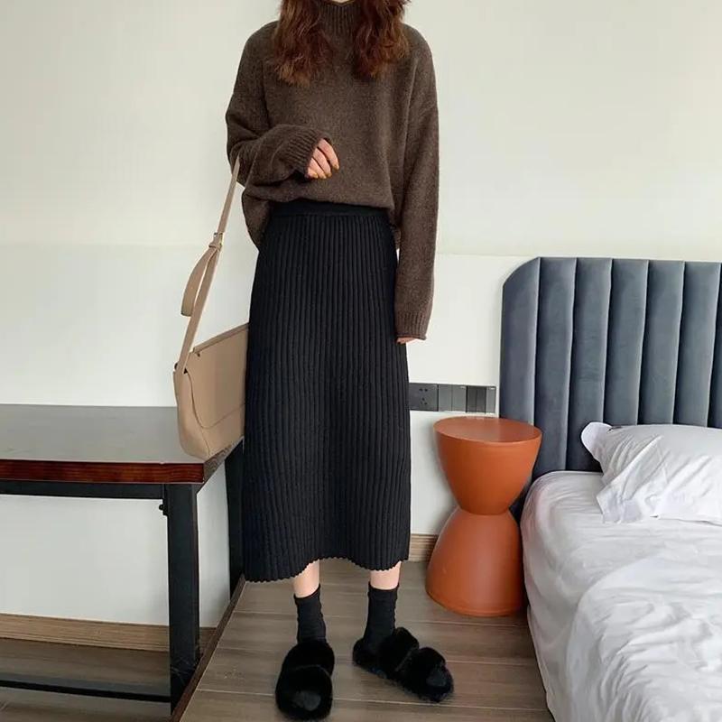 WTEMPO Однотонные трикотажные юбки трапециевидной формы, женские прямые миди в корейском стиле, элегантные, шикарные, весенне-осенние, теплые длинные юбки