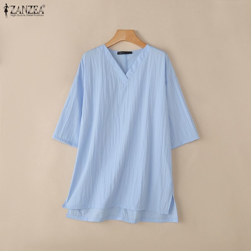 ZANZEA Women Casual V Collar 3/4 Sleeve Solid Color Loose Long Tunic Blouse
