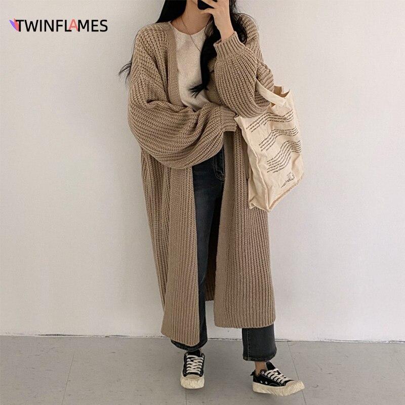 Women's Knitted Cardigan Korean Fashion Clothes Autumn Chic Argyle Vintage Sweater Lantern Sleeve Loose Jumper Coat