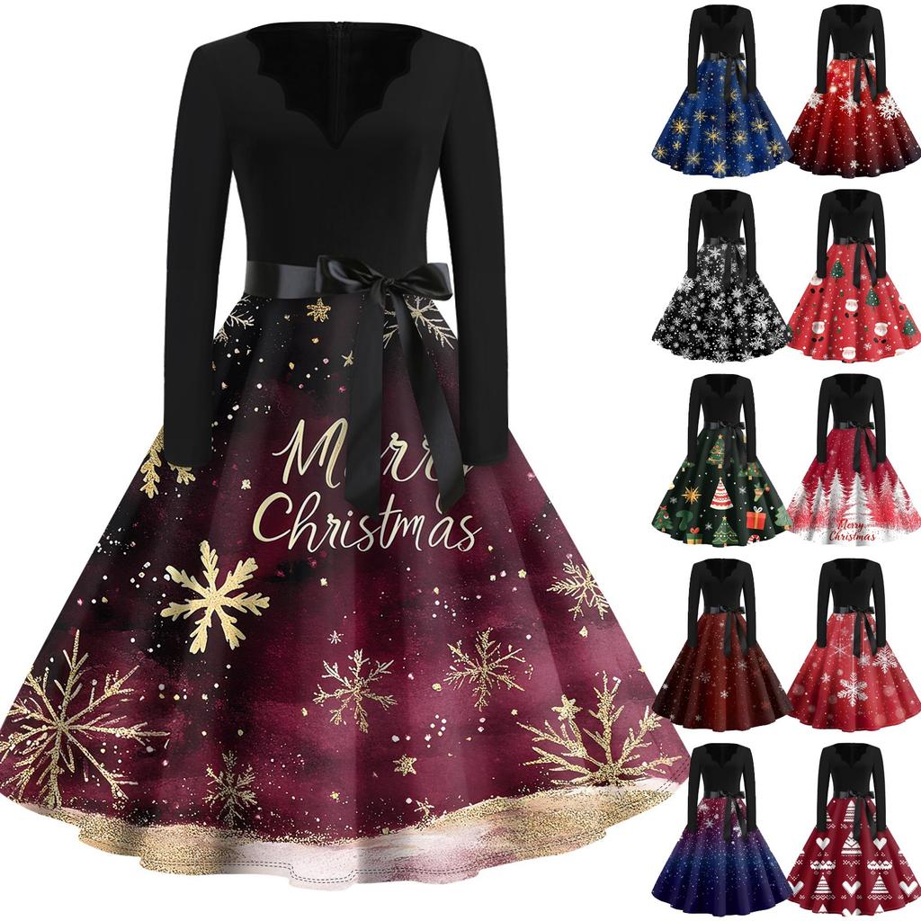 Christmas Print Flare Dress For Women Long Sleeve Dress Hollow Party Casual Dresses