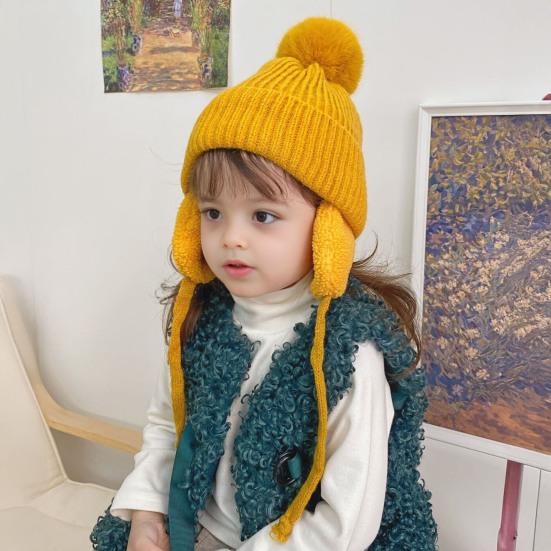 Yousheng Children Hat Thickened Wool Knit Hat with Pom-Pom Ball Decor Extended Ear Flaps Design Fleece Lining Warm Winter Hat