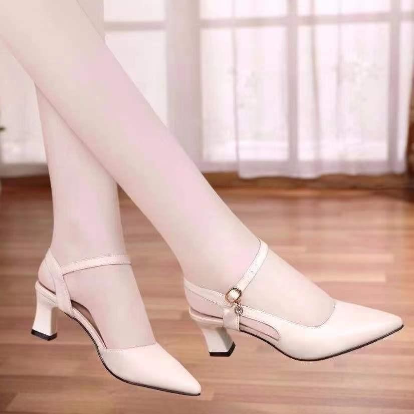 Босоножки на высоком каблуке с пряжкой в виде одного символа, женская обувь, весна 2025, новые повседневные туфли на толстой подошве, с острым носком, удобные, в стиле феи