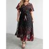 Plus Size Casual Dress Woman 2024 Summer V Neck Short Sleeve Floral Print Long Dress Black Curvy Size Women Clothing
