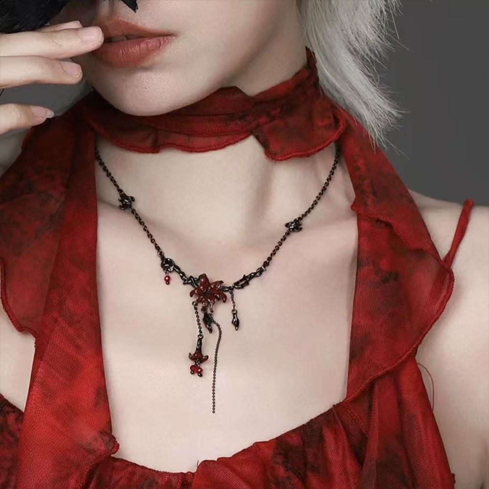 Dark Red Mandala Flower Jewelry Punk Style Necklace Retro Earring Women Accessories