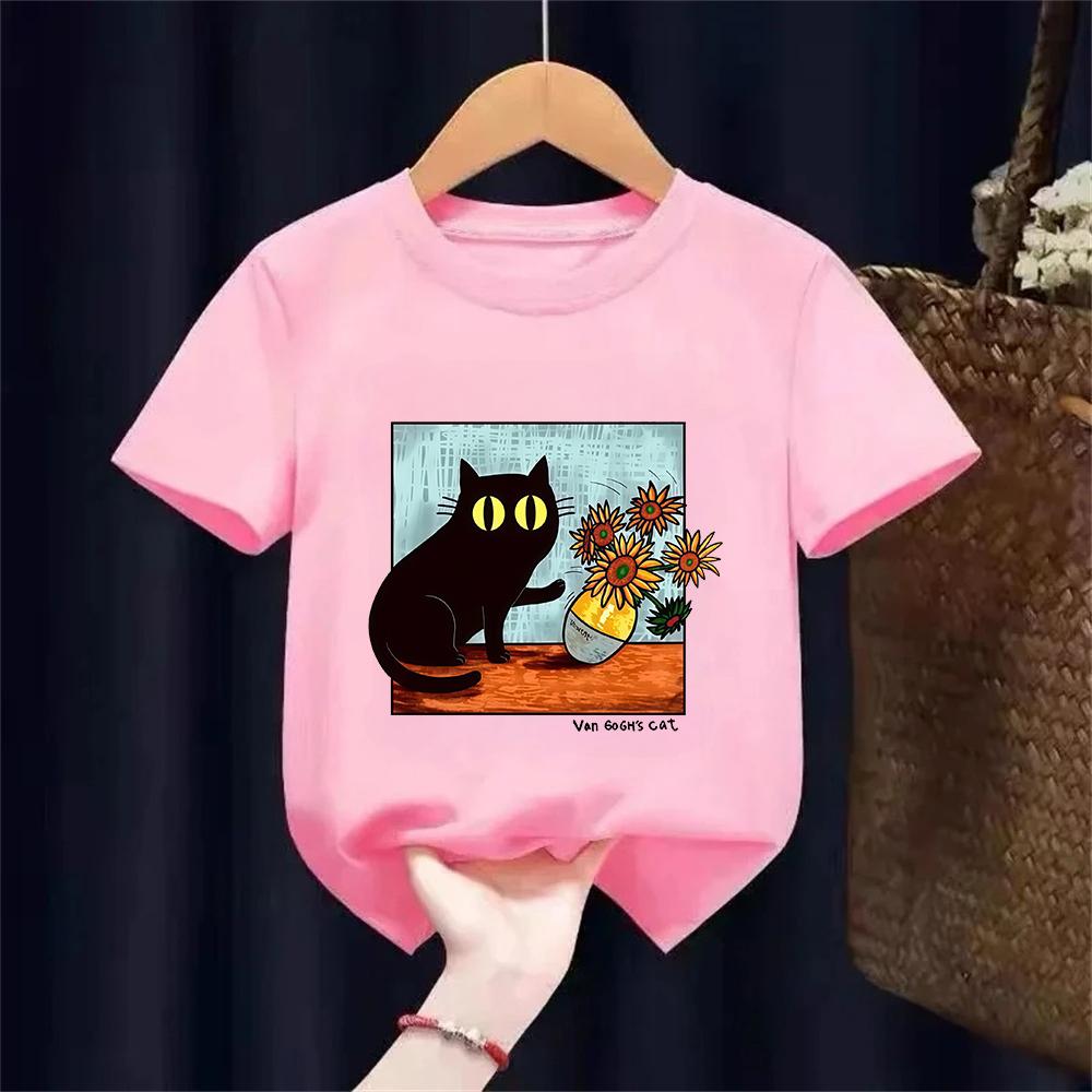 Van Gogh Cat Graphic T Shirts Boysgirls Flower Black Cat Tshirt Round Neck Short Sleeve Trendy Tee Kawaii Kids Clothing