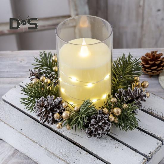 Christmas Candle Ring Artificial Pine Needle Pinecone Berries Garland Rustic Festive Candle Wreath for Home Table Centerpiece Decor