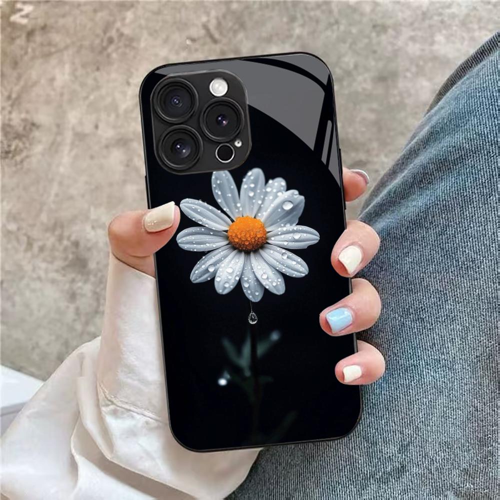 Daisy Black Tempered Glass Phone Case For iPhone 17 16 15 14 13 12 11 Pro Max Plus Soft Silicone Bumper Anti‑Knock Back Cover