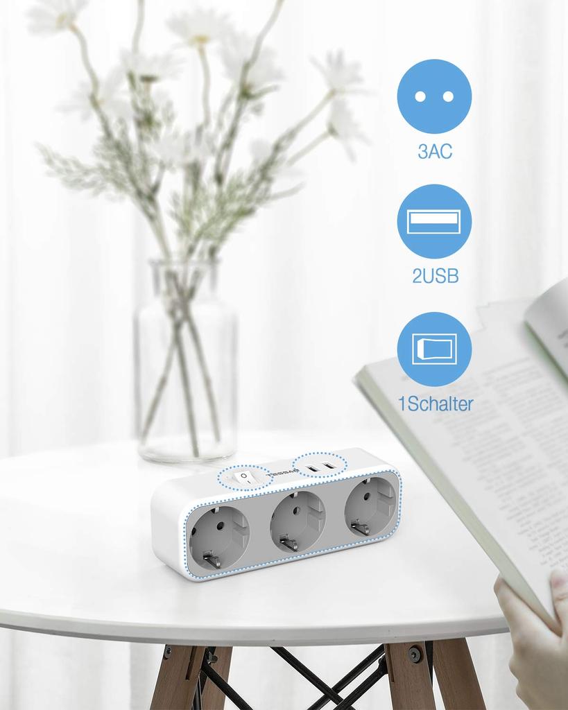 Tessan European Outlets Extender Power Strip with 1/3 AC Outlets, 2 USB Charging Ports and On/Off Switch EU Wall Socket for Home, Office, Travel