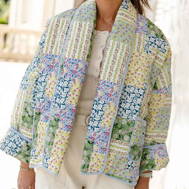 Warm Floral Print Cotton Jackets Woman Loose Stand Collar Patchwork Cardigan Autumn Elegant Female Outerwear Chic Thick Coats