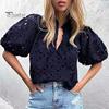 Женская рубашка с воротником-стойкой и V-образным вырезом, коротким рукавом, ажурным вышитым цветочным узором, кружевная блузка, повседневные нарядные топы