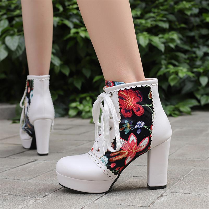 Женские ботильоны с круглым носком на толстом высоком каблуке и платформе с вышивкой на шнуровке разных цветов, женская модная зимняя обувь