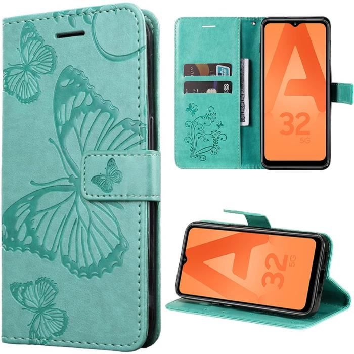 Coque - BOOLING - pour Samsung Galaxy A32 5G - Cuir Synthétique - Motif Papillons - Fermoir Magnétique