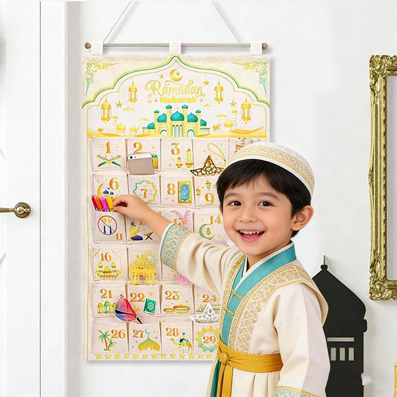 Рамадан Декор Холст Обратный отсчет 30 дней Адвент-календарь Мешок Для мусульманского исламского ребенка мальчика девочки Рамадан Декор Подвесной органайзер