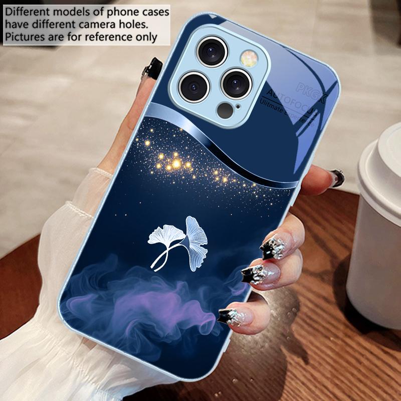 Чехол для телефона из закаленного стекла с листьями гинкго в фиолетовом дыму для iPhone 16 Pro Max 15 Pro 14 13 12 Mini 11 XS M ax XR 7 8 Plu SE 2022