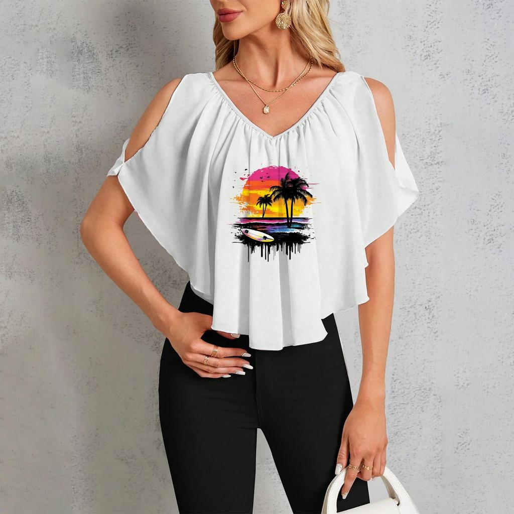 Женская повседневная футболка с V-образным вырезом и открытыми плечами с гавайским принтом