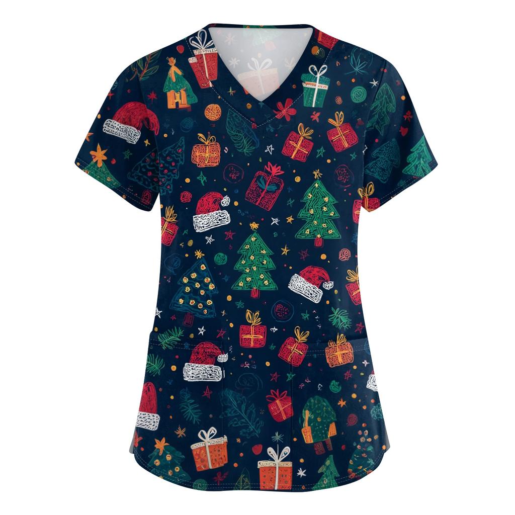 Женский топ защитного костюма с V-образным вырезом, рождественским принтом, короткими рукавами, карманом и боковым разрезом