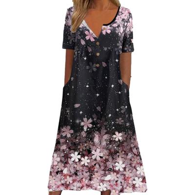 Весеннее платье макси с V-образным вырезом, пуговицами и короткими рукавами, с карманами