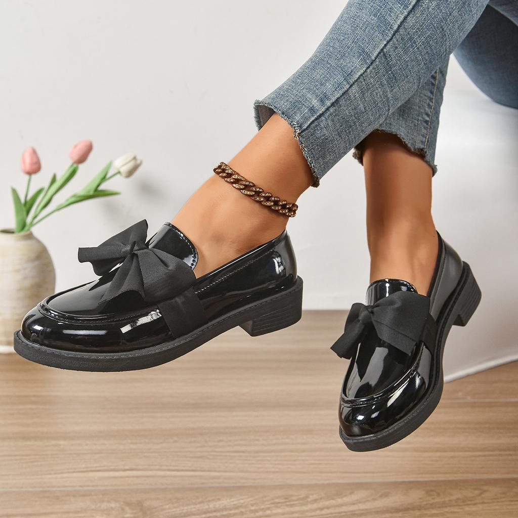 British Style Small Leather Shoes 2025 Spring and Autumn New Versatile Flat-soled Women's Shoes Solid Color Bow Shoes Thick Heel Loafers Women