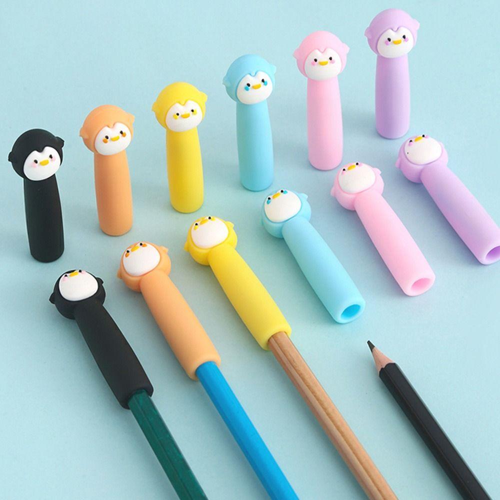 6pcs/12pcs Penguin Shape Pencil Extender Soft Rubber Pen Cap Cartoon Pencil Nib Protector  Children