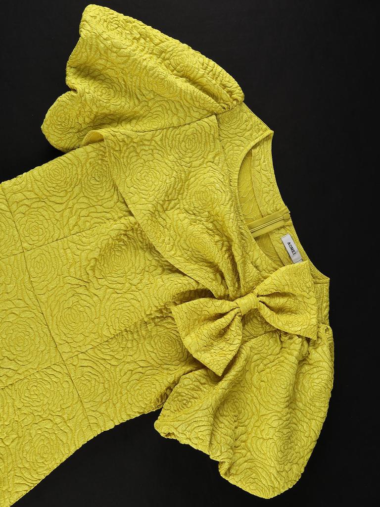 Женское жакардовое платье-футляр с бантом и пышными рукавами для полных, стройнящее, вечернее