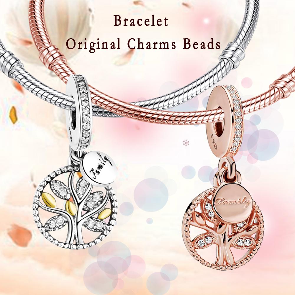 2022 Trend Fine Family Tree Fit Silver Color Charm for Women Bracelet Pendent Charm Original Beads DIY Jewelry Making Fashion