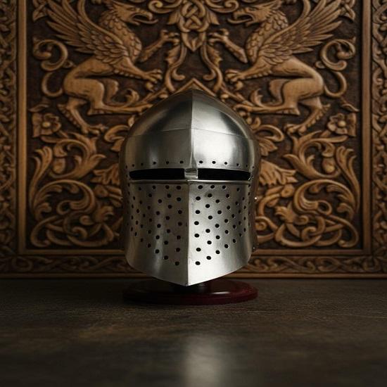 Silver Barbuda Helmet with Display Stand Authentic Medieval Knight Armor