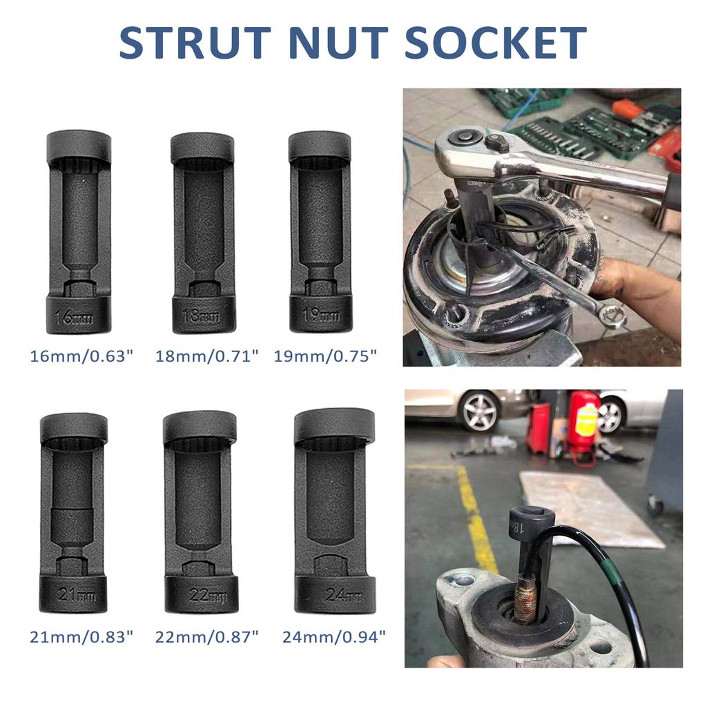 9PCS Shock Absorber Tool Kit, 16mm 18mm 19mm 21mm 22mm 24mm Strut Nut Socket with 12 Point 1 2   Drive Suspension Strut