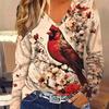 Bird Print Long Sleeve T-shirt, Casual V Neck Top For Spring Fall, Women's Clothing