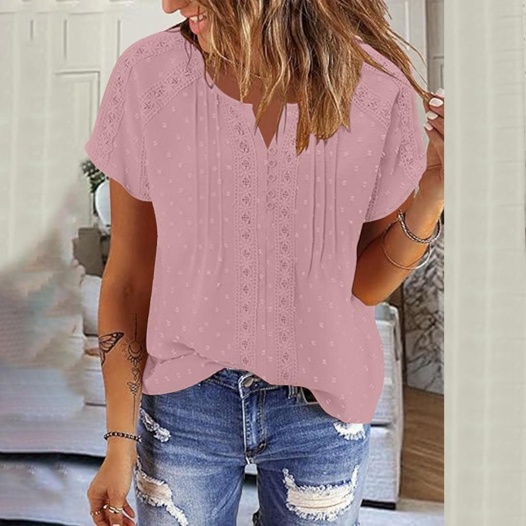 Solid Color Lace Hollow Pleated Top V-Neck Pullover Short Sleeved T-Shirt For Women