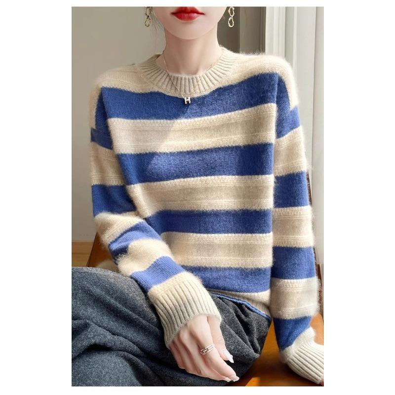 Striped Women's Short Style Color Block Knitted Sweater Autumn and Winter Korean Style Versatile Temperament Top
