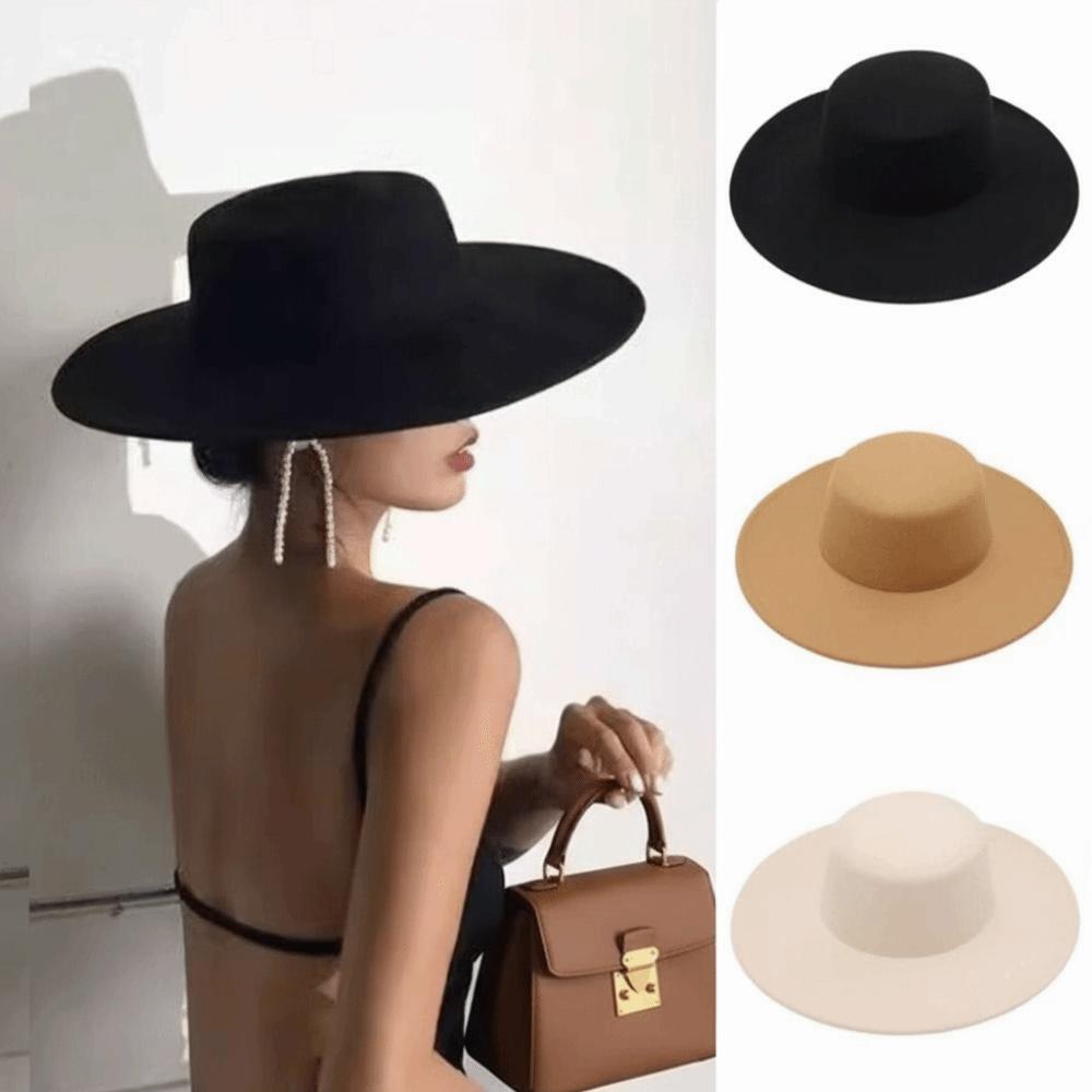 New Elegant Women Flatcap Hepburn Style French Wide Brim Felt Hat Dame Hat Retro Flat-top Cap Women