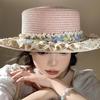 Flat Top Lace Floral Brim Cap Japanese Style Women's Sun Hat Simple Straw Woven Top Hat  Beach