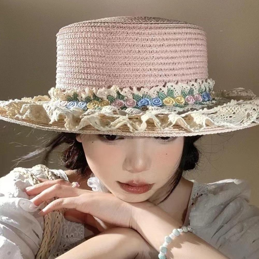 Flat Top Lace Floral Brim Cap Japanese Style Women's Sun Hat Simple Straw Woven Top Hat  Beach