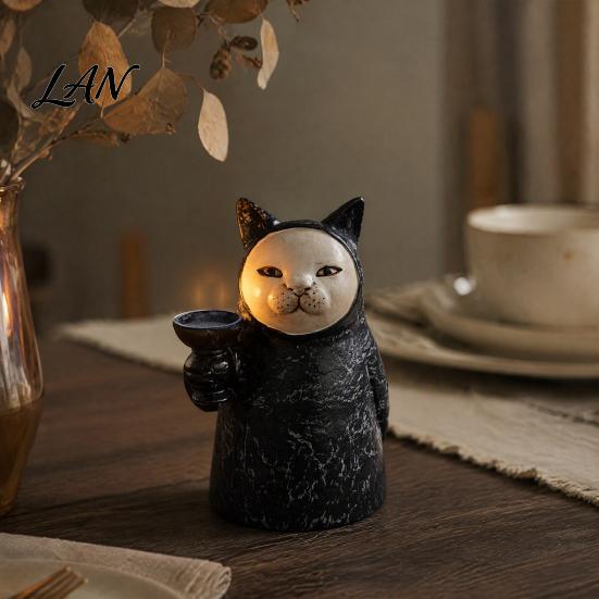 Mystery Cat Statue Hooded Black Resin Figurine, Gothic with Candle Holder, Mysterious Decorative Tealight Base Decor Ornament for Halloween Farmhouse
