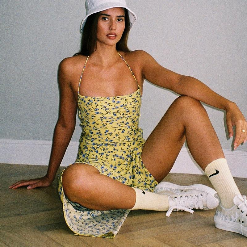 Женское весеннее платье-комбинезон без рукавов с цветочным принтом и без бретелек, летнее повседневное облегающее платье-карандаш длиной до щиколотки с открытой спиной и высокой талией, с разрезом и вырезом-халтер, размеры S-XL