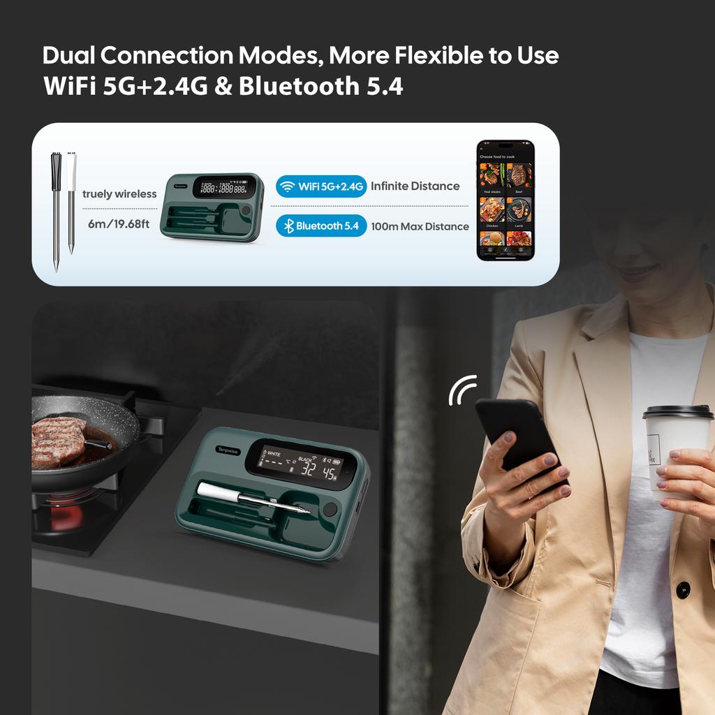 Беспроводной термометр для мяса 2,4G WiFi и Bluetooth 5.4 Бытовой термометр для барбекю с длинным и коротким щупами для приготовления, гриля
