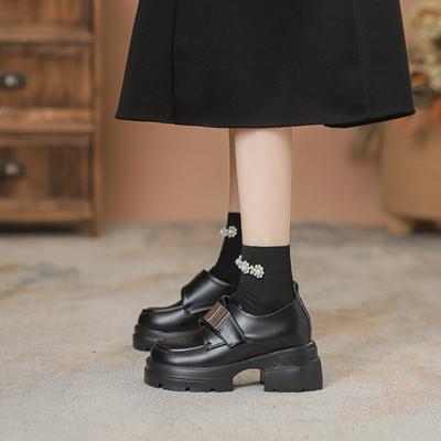 Лоферы на толстой подошве с внутренней платформой, женские осенние туфли на липучке, туфли на высоком каблуке в британском стиле, маленькие кожаные туфли