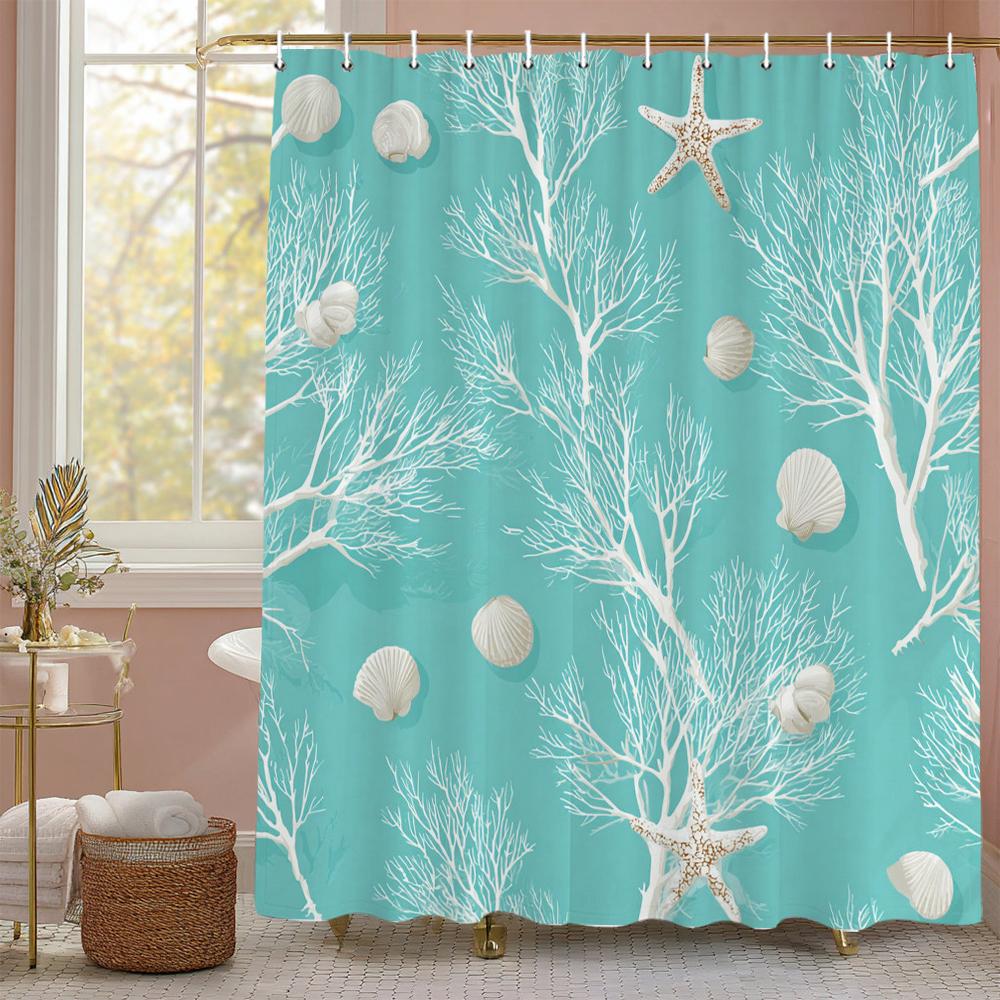 Ocean Beach Scenery Shell Starfish Waves Shower Curtain, Bathroom Decorative Shower Curtain, Printing Shower Curtain With Hooks