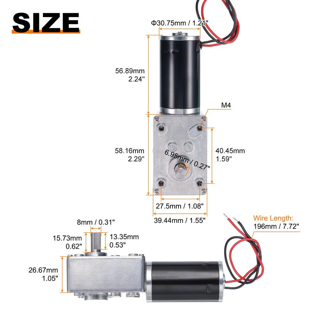 uxcell DC 12V High Torque Turbine Worm Gear 8mm 60 RPM with for Electric Fireplaces Motor, Shaft, Wire,